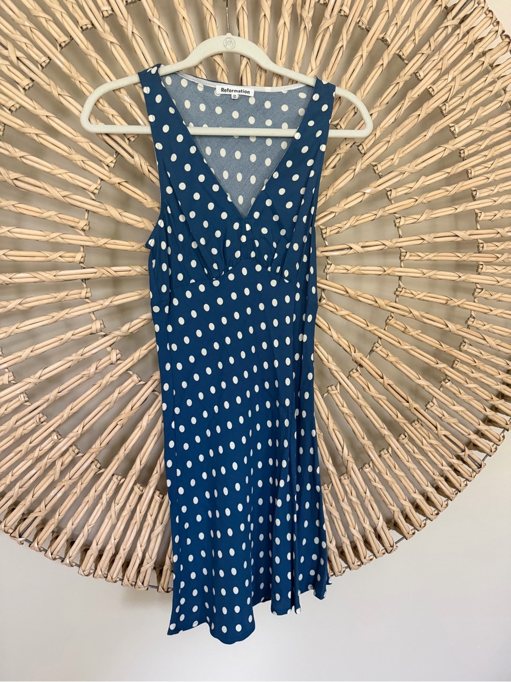 Reformation Navy Blue Polka Dot V-Neck Mini Dress